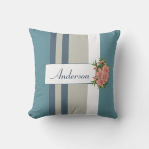 Modern Blauwgroen blauw en Tan Striped Floral Kussen