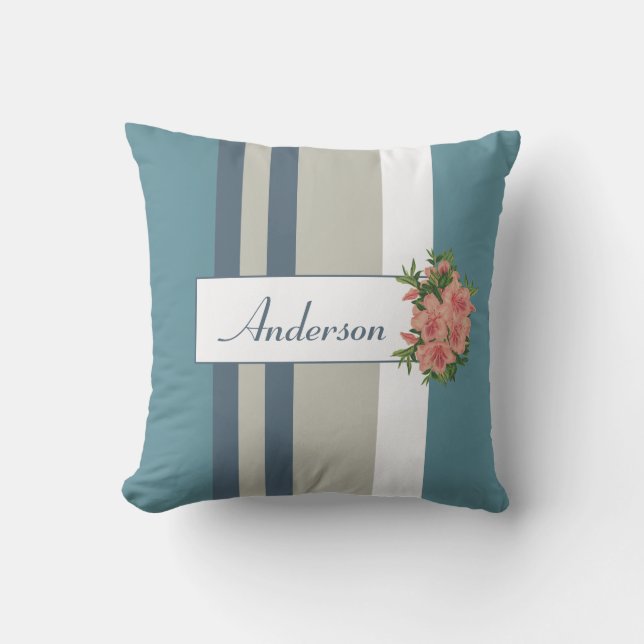 Modern Blauwgroen blauw en Tan Striped Floral Kussen (Voorkant)