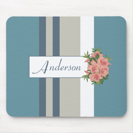 Modern Blauwgroen blauw en Tan Striped Floral Muismat (Voorkant)