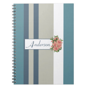 Modern Blauwgroen blauw en Tan Striped Floral Notitieboek
