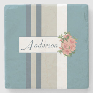 Modern Blauwgroen blauw en Tan Striped Floral Stenen Onderzetter