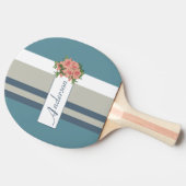 Modern Blauwgroen blauw en Tan Striped Floral Tafeltennisbatje (Zijkant)