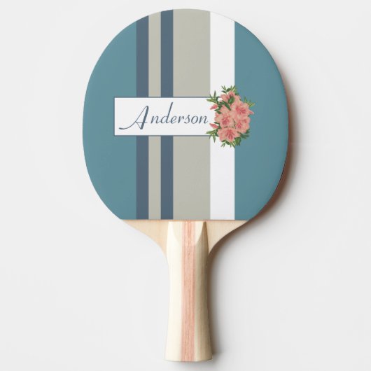 Modern Blauwgroen blauw en Tan Striped Floral Tafeltennisbatje (Voorkant)