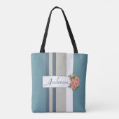 Modern Blauwgroen blauw en Tan Striped Floral Tote Bag (Achterkant)