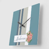 Modern Blauwgroen blauw en Tan Striped Floral Vierkante Klok (Hoek)