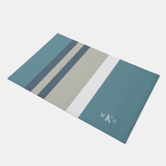 Modern Blauwgroen blauw en Tan Striped Personalize Deurmat (Schuin)