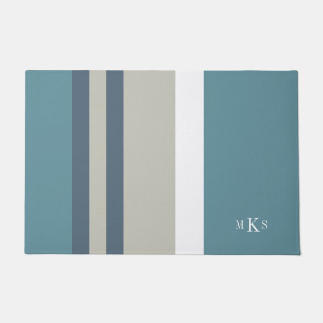 Modern Blauwgroen blauw en Tan Striped Personalize Deurmat (Voorkant)