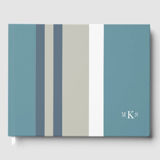 Modern Blauwgroen blauw en Tan Striped Personalize Gastenboek (Voorkant)