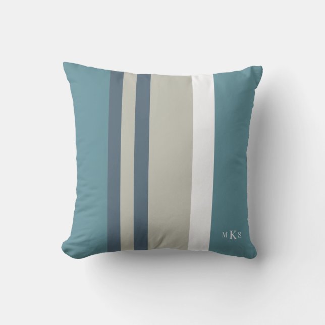 Modern Blauwgroen blauw en Tan Striped Personalize Kussen (Voorkant)