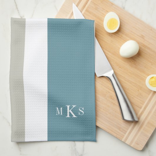 Modern Blauwgroen blauw en Tan Striped Personalize Theedoek (Quarter Fold)