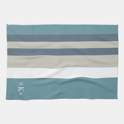 Modern Blauwgroen blauw en Tan Striped Personalize Theedoek (Horizontaal)