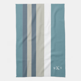 Modern Blauwgroen blauw en Tan Striped Personalize Theedoek