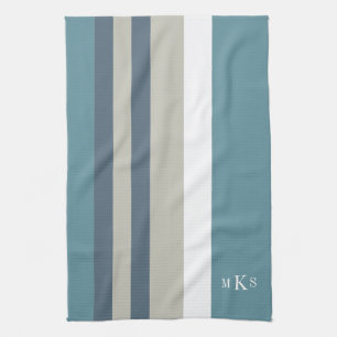 Modern Blauwgroen blauw en Tan Striped Personalize Theedoek