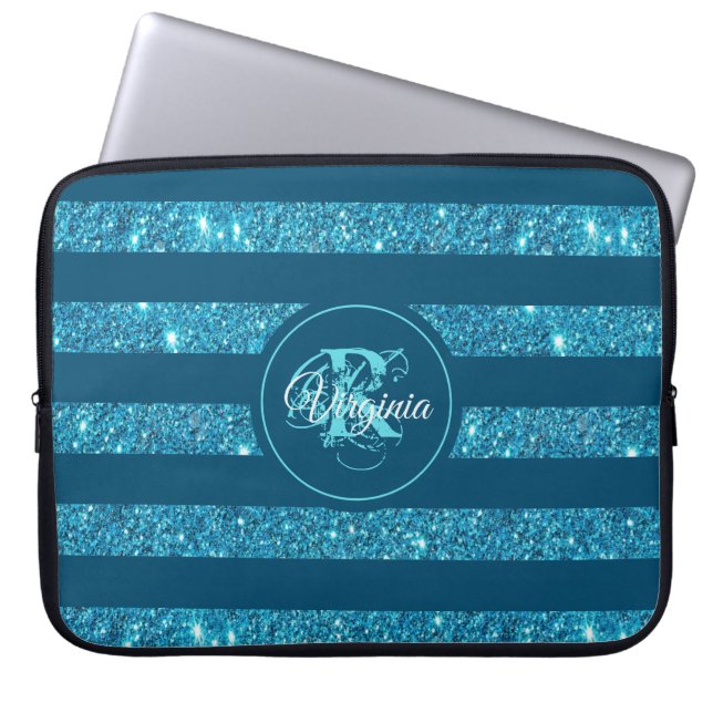 Modern Blauwgroen blauw glitter Striped Monogram Laptop Sleeve (Voorkant)