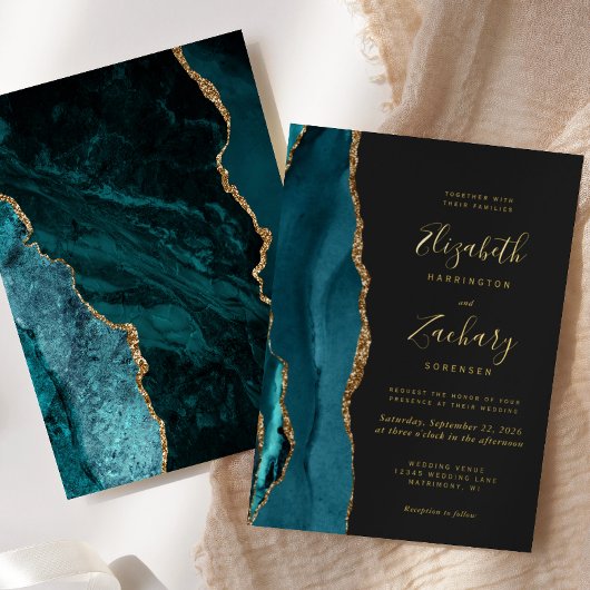 Modern Blauwgroen blauw goudgrijs huwelijk Folie Uitnodiging