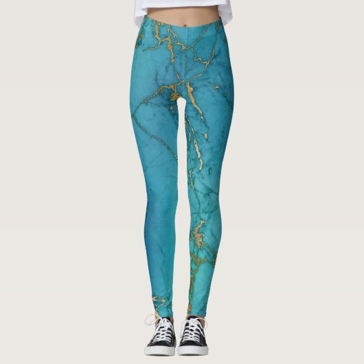 Modern Blauwgroen blauw goudmarmer Leggings (Voorkant)
