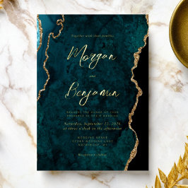 Modern Blauwgroen blauw script bruiloft Folie Uitnodiging