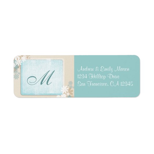 Modern Blauwgroen Blauw & Tan Bloemen Monogram Adr Etiket (Voorkant)