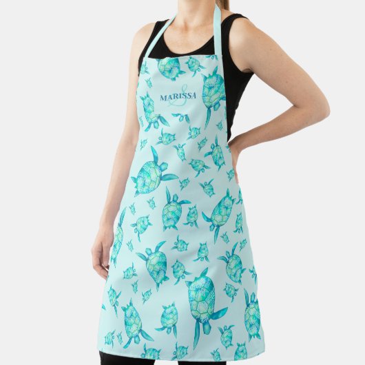 Modern blauwgroen blauw waterverf zee schildpadden schort (Insitu)