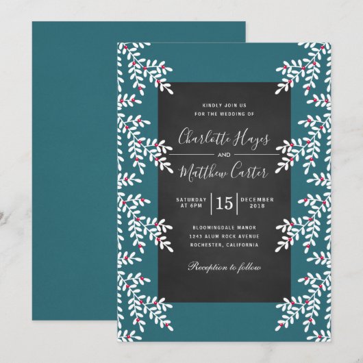 Modern Blauwgroen Blauw Winter Bruiloft krijtbord Kaart (Voorkant / Achterkant)