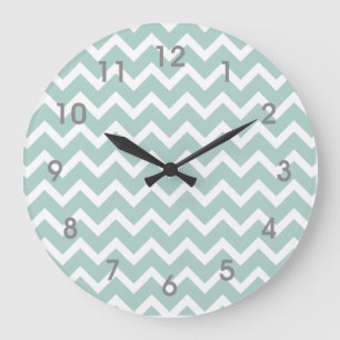 Modern Blauwgroen Blauw Witte Chevron Clock grijze Grote Klok