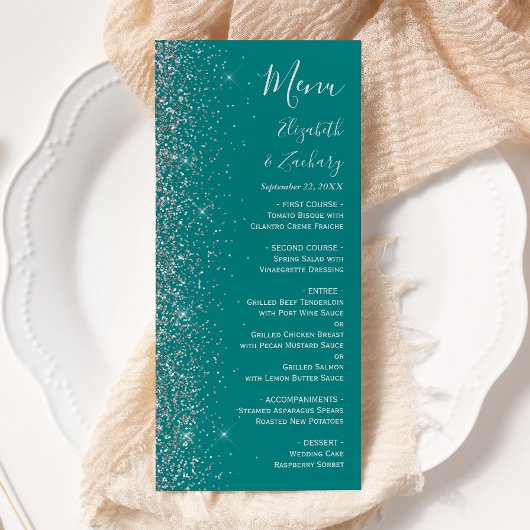 Modern Blauwgroen Blauw Zilver Glitter Edge Bruilo Menu