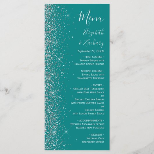 Modern Blauwgroen Blauw Zilver Glitter Edge Bruilo Menu (Voorkant)