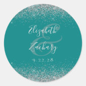 Modern Blauwgroen Blauw Zilver Glitter Edge Bruilo Ronde Sticker (Voorkant)