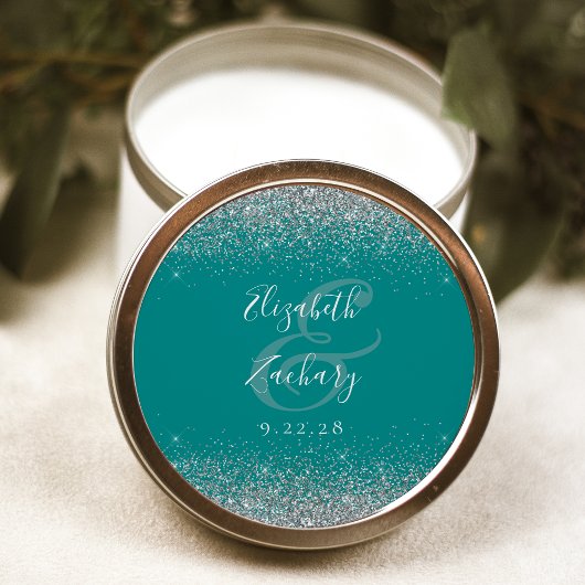 Modern Blauwgroen Blauw Zilver Glitter Edge Bruilo Ronde Sticker