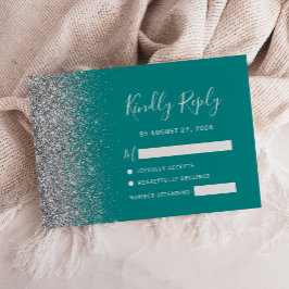 Modern Blauwgroen Blauw Zilver Glitter Edge RSVP Kaartje