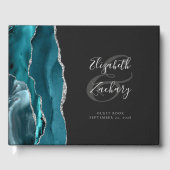 Modern Blauwgroen Blue Agate Silver Script Dark Gastenboek (Voorkant)