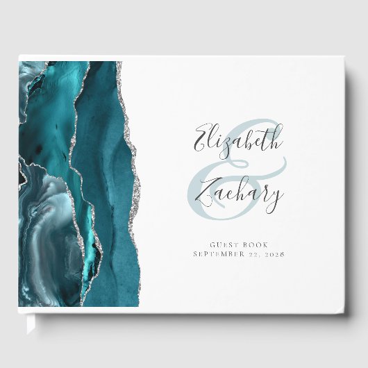 Modern Blauwgroen Blue Agate Silver Script Gastenboek (Voorkant)