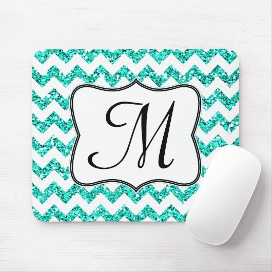 Modern Blauwgroen Chevron Monogram Initiaal Muisma Muismat (Met muis)
