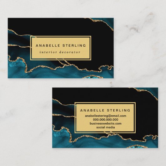 Modern Blauwgroen en goudmarmer design,  Visitekaartje (Voorkant / Achterkant)