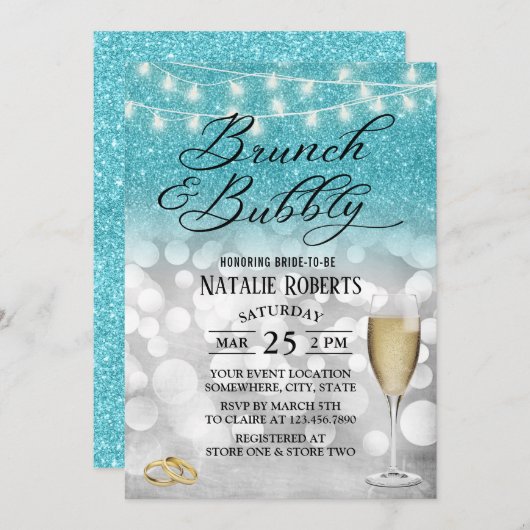 Modern Blauwgroen en zilver Brunch en bubbelbaar V Kaart (Voorkant / Achterkant)