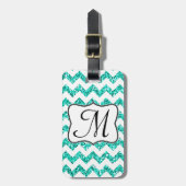 Modern Blauwgroen Glitter Chevron Monogram Bagagel Bagagelabel (Voorkant verticaal)