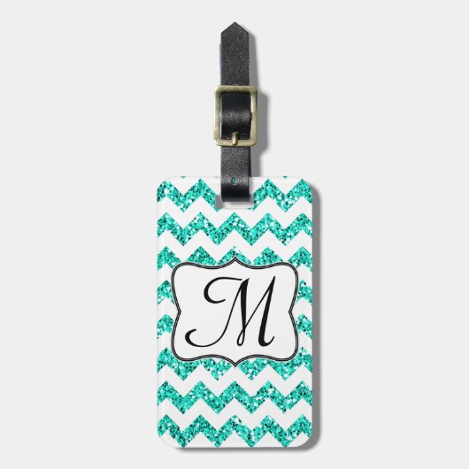 Modern Blauwgroen Glitter Chevron Monogram Bagagel Bagagelabel (Voorkant verticaal)