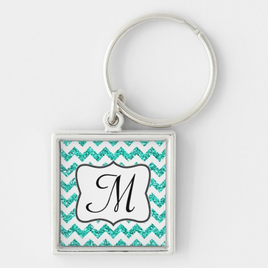 Modern Blauwgroen Glitter Chevron Zig Zag Sleutelh Sleutelhanger (Voorkant)