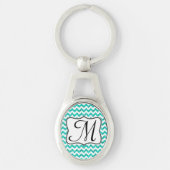 Modern Blauwgroen Glitter Chevron Zig Zag Sleutelh Sleutelhanger (Voorkant)