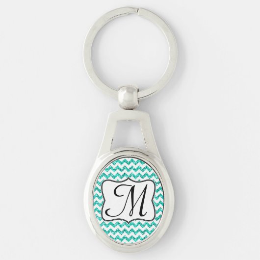 Modern Blauwgroen Glitter Chevron Zig Zag Sleutelh Sleutelhanger (Voorkant)