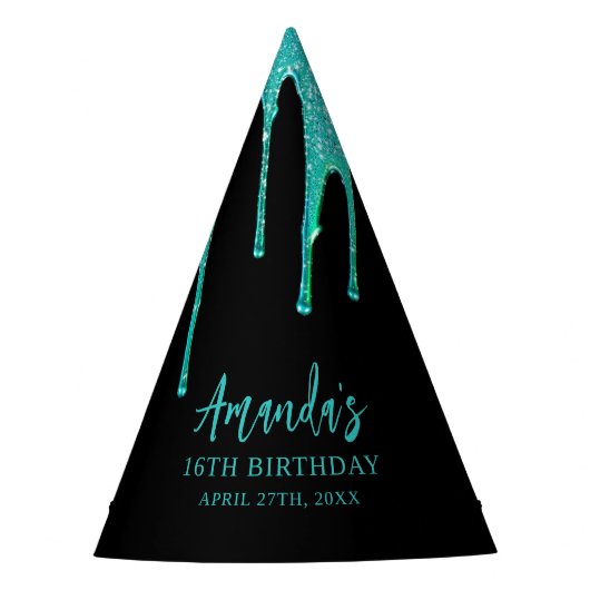 Modern Blauwgroen Glitter Drips Sweet 16 Verjaarda Feesthoedjes (Voorkant)