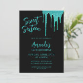 Modern Blauwgroen Glitter Drips Sweet 16 Verjaarda Kaart (Staand voorkant)