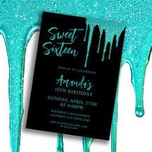Modern Blauwgroen Glitter Drips Sweet 16 Verjaarda