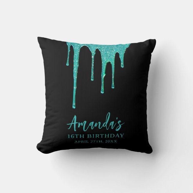Modern Blauwgroen Glitter Drips Sweet 16 Verjaarda Kussen (Voorkant)