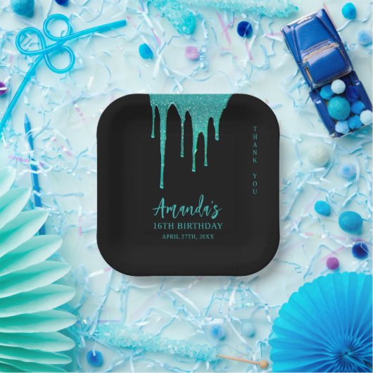 Modern Blauwgroen Glitter Drips Sweet 16 Verjaarda Papieren Bordje (Feest)