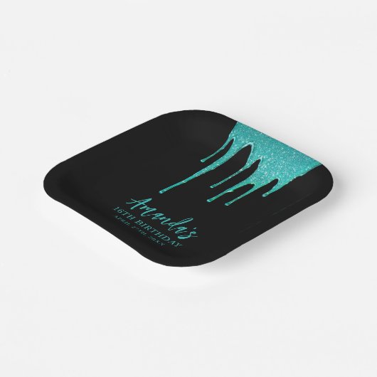 Modern Blauwgroen Glitter Drips Sweet 16 Verjaarda Papieren Bordje (Gebogen)