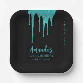 Modern Blauwgroen Glitter Drips Sweet 16 Verjaarda Papieren Bordje
