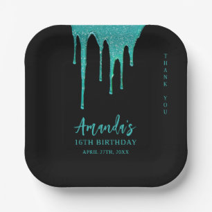 Modern Blauwgroen Glitter Drips Sweet 16 Verjaarda Papieren Bordje