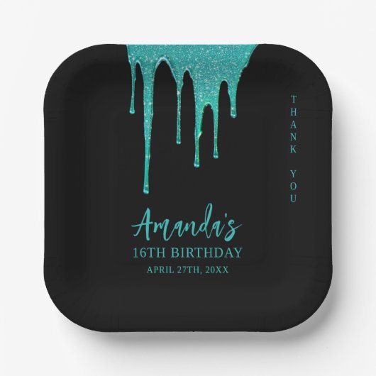 Modern Blauwgroen Glitter Drips Sweet 16 Verjaarda Papieren Bordje (Voorkant)