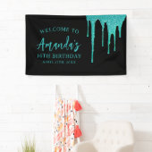 Modern Blauwgroen Glitter Drips Sweet 16 Verjaarda Spandoek (Insitu)